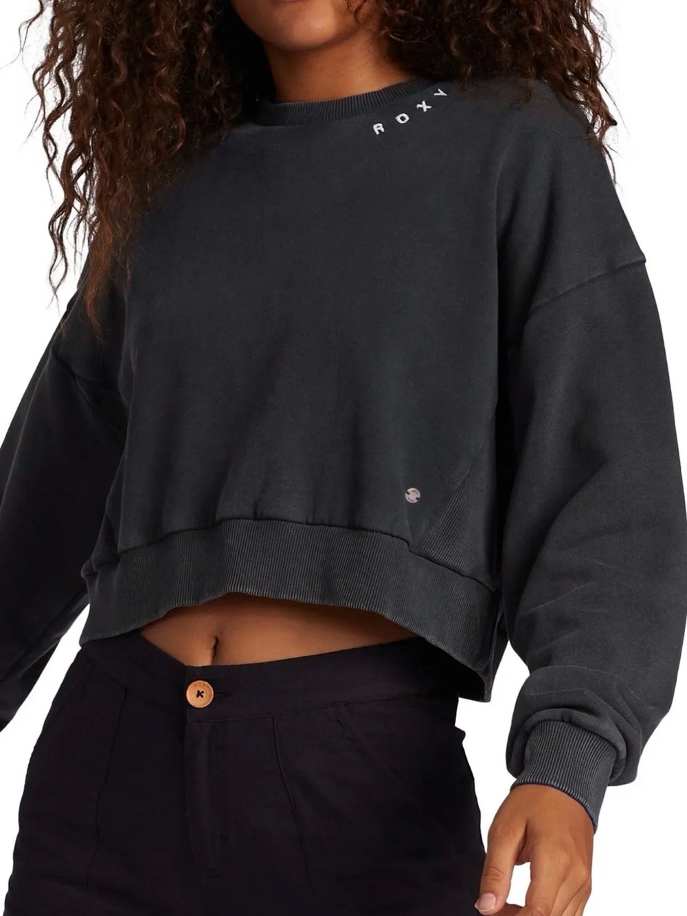 NWT Roxy Over the Moon Black Cropped Crewneck Sweatshirt